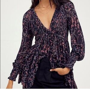 Free People Dark Romance Tunic Top Mini Dress V-neck Black Purple Grey Red Small